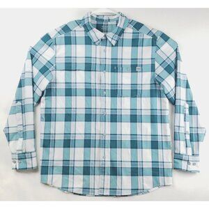 Field & Stream Shirt Men Large Green White Plaid Vented Fishing Stretch Button